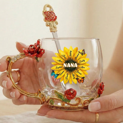 Personalized Enamel Flower Tea Cup with Sunflower Nana Design for Grandma - Unique Custom Gift for Her