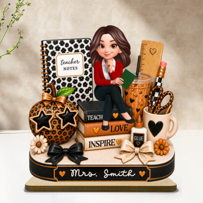Personalized 2-Layer Wooden Plaque, Seated Teacher & Leopard Desk Decor, Unique Creative Gift for Teacher