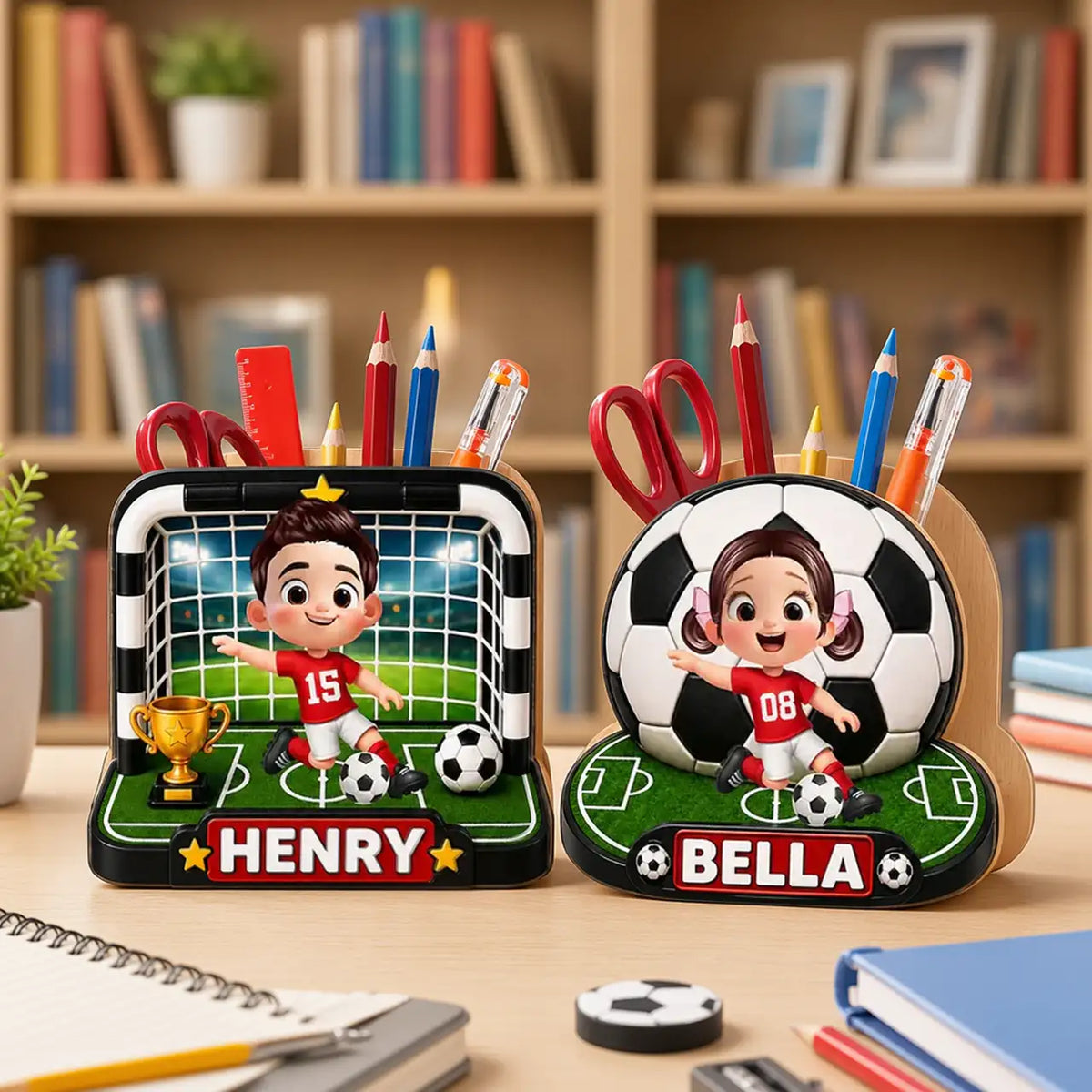 Personalized Wooden Pen Holder With Cute Soccer Kid, Unique Creative Gift For School Desk