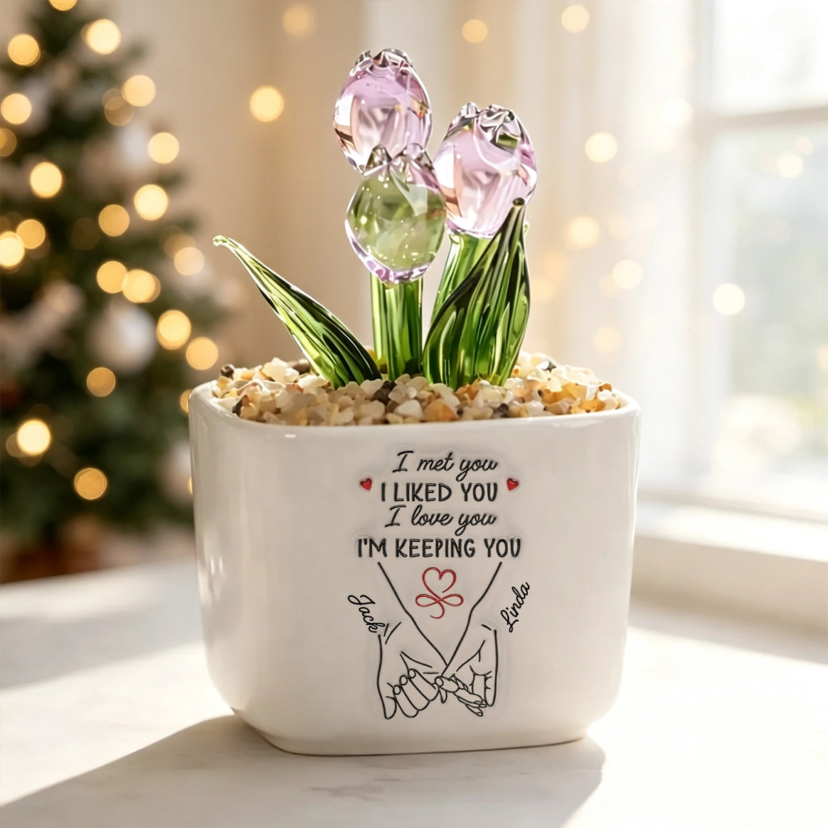 Personalized Square Glass Planter with Pastel Tulips & Holding Hands Art, Unique Creative Gift for Couple