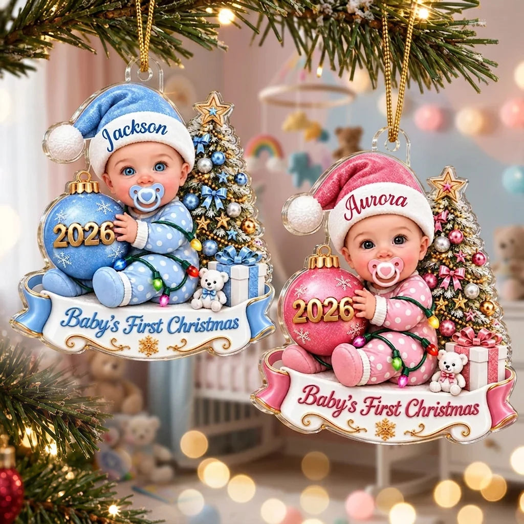 Personalized Acrylic Ornament, Seated Baby by a Christmas Tree, Unique First Christmas Gift for New Parents