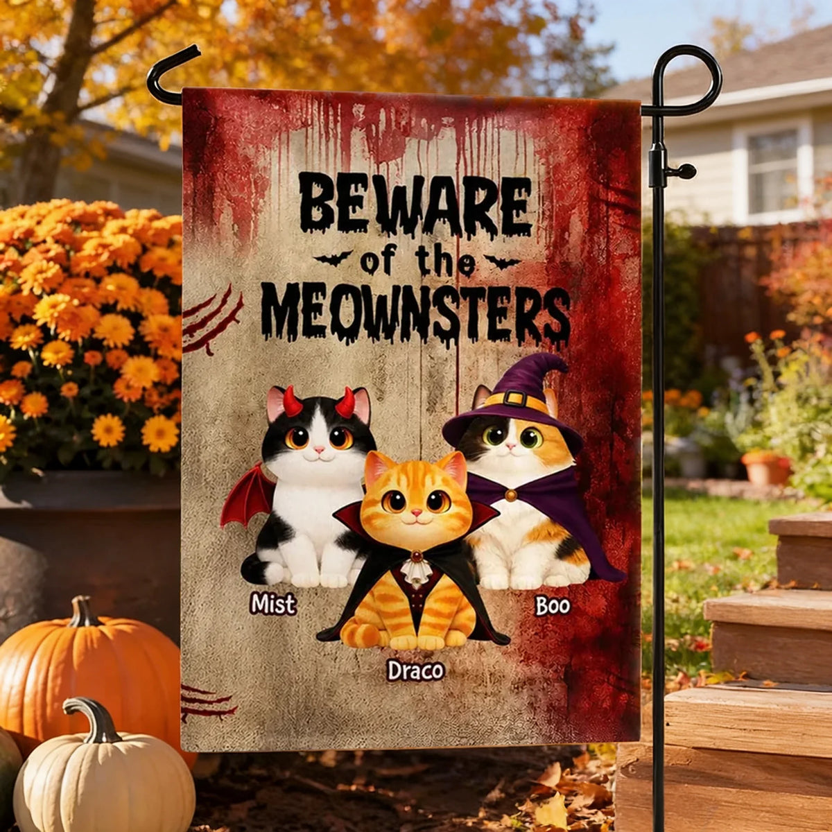 Personalized Garden Flag, Beware of the Meownsters Costume Cats, Red Vintage Halloween Decor, Unique Gift for Cat Lovers