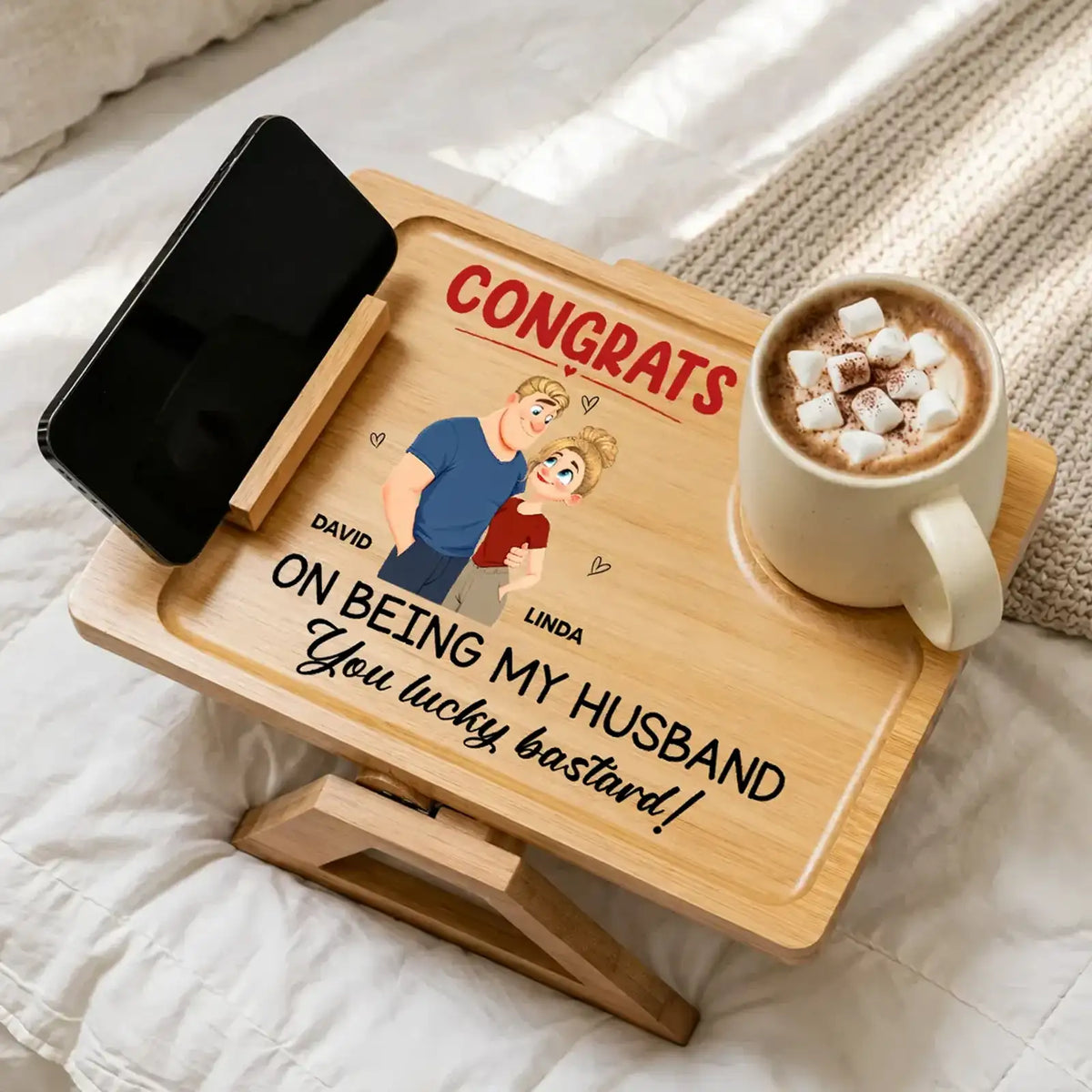 Wooden Couch Arm Table with Funny Husband Quote, Creative Custom Couple Gift for Cozy Sofa Coffee Moments