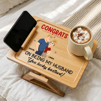 Wooden Couch Arm Table with Funny Husband Quote, Creative Custom Couple Gift for Cozy Sofa Coffee Moments