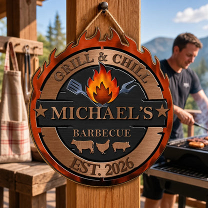 Personalized Wooden Sign with Flame and Grilling Icons, Creative Gift for Backyard Cooks and Hosts