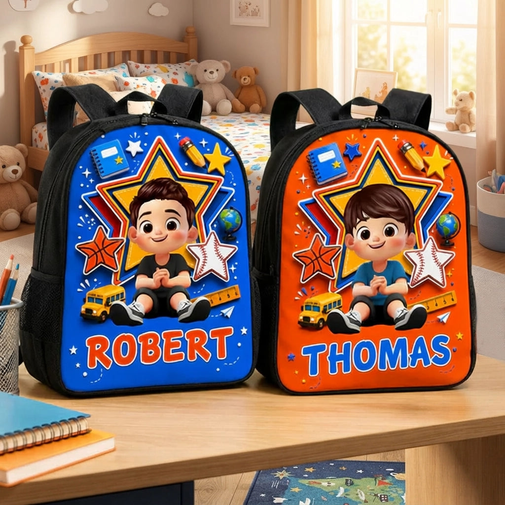 Personalized Kids School Backpack with Sitting Cartoon Boy, Classroom Style, Creative Gift for Son