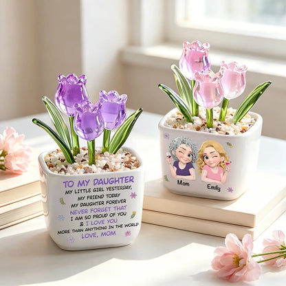 Personalized Square Glass Planter with Smiling Mom and Daughter Cartoon, Unique Gift for Daughter