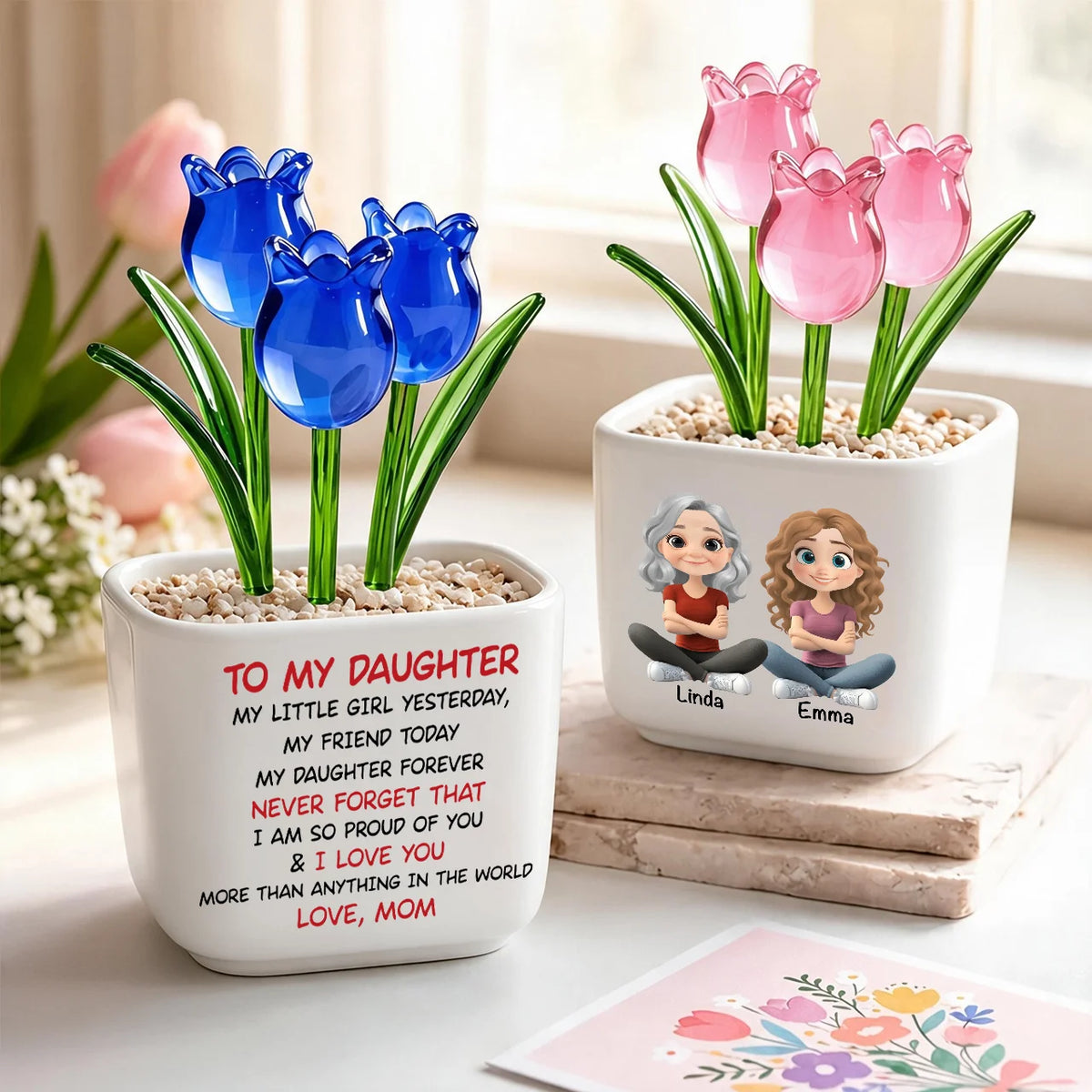 My Daughter Forever Square Glass Planter, Personalized Seated Mother and Daughter Art, Unique Creative Gift from Mom