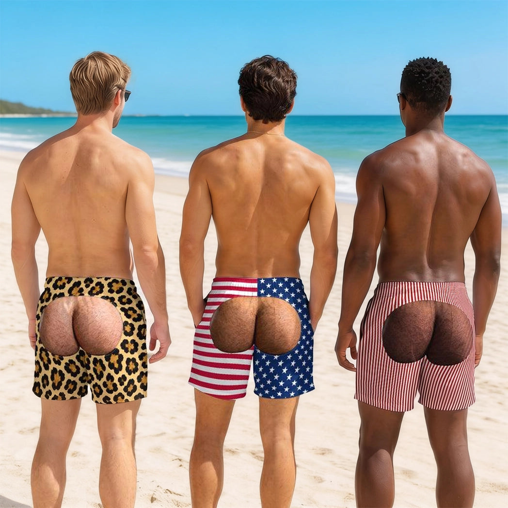 Personalized Men's Beach Shorts with Funny Back View Print, Unique Gift for Him, Tropical Beach Wear