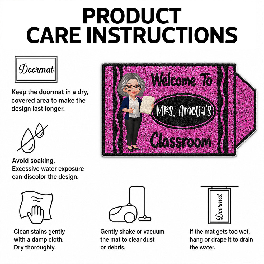 Personalized Shaped Doormat, Purple Crayon Classroom Welcome with Teacher Holding Book, Unique Gift for Teacher