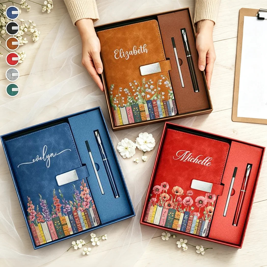 Personalized Metal Buckle Notebook Set with Birth Month Flowers, Unique Gift for Book Lovers
