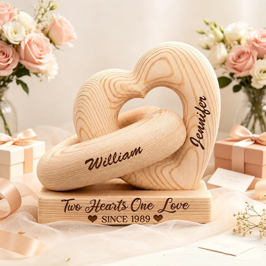 Personalized Heart Sculpture With Base, Interlocking Hearts in a Candlelit Rose Setting, Unique Gift for Couples