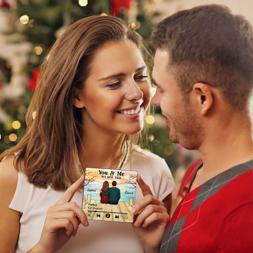 Personalized Acrylic Music Magnet with Couple Sitting by the Lake, You & Me We Got This, Unique Romantic Gift for Him or Her