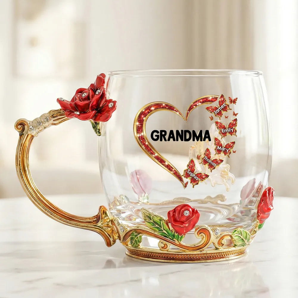 Personalized Enamel Flower Tea Cup for Grandma - Butterfly Heart Design, Unique Gift for Her Tea Moments