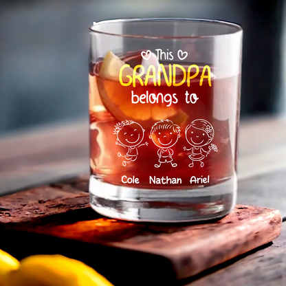 “This Grandpa Belongs To” Whiskey Glass – Personalized Family Gift Full of Love for Grandpa