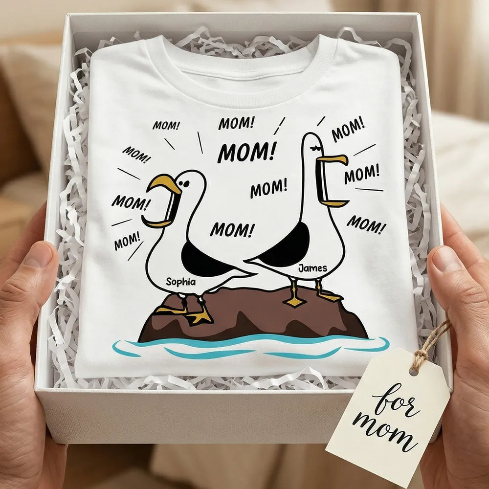 Personalized Seagull Mom Classic Tee, Funny 'MOM!' Cartoon Shirt, Unique Mother's Day Gift for Mom