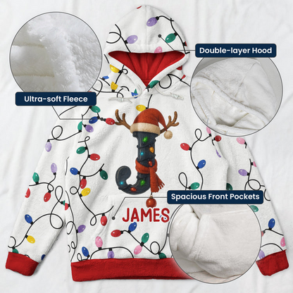 Personalized Family Initial Printed Hoodie, Colorful Lights and Reindeer Accents, Creative Gift for Family Memories