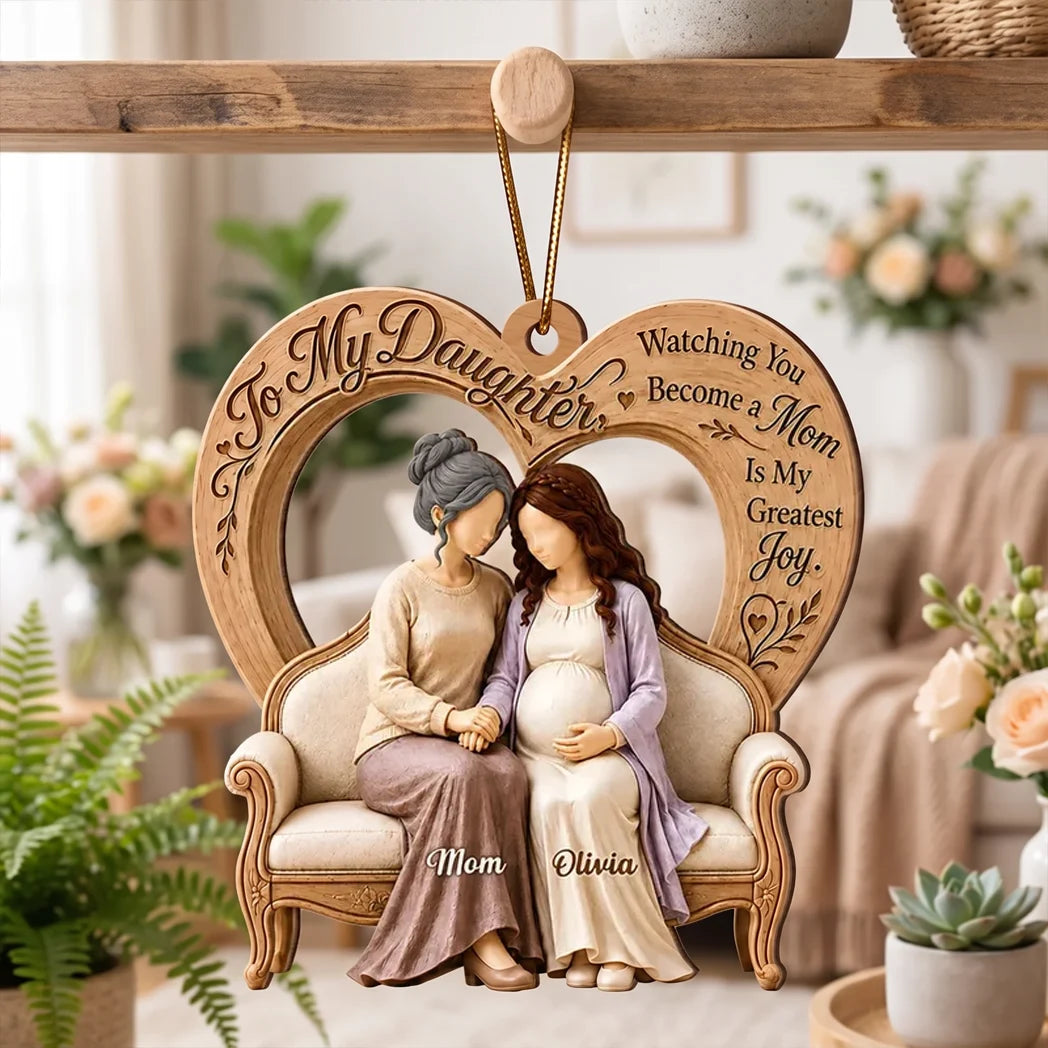 Personalized Wooden Ornament, Mother and Pregnant Daughter Holding Hands, Unique Gift for Expecting Mom