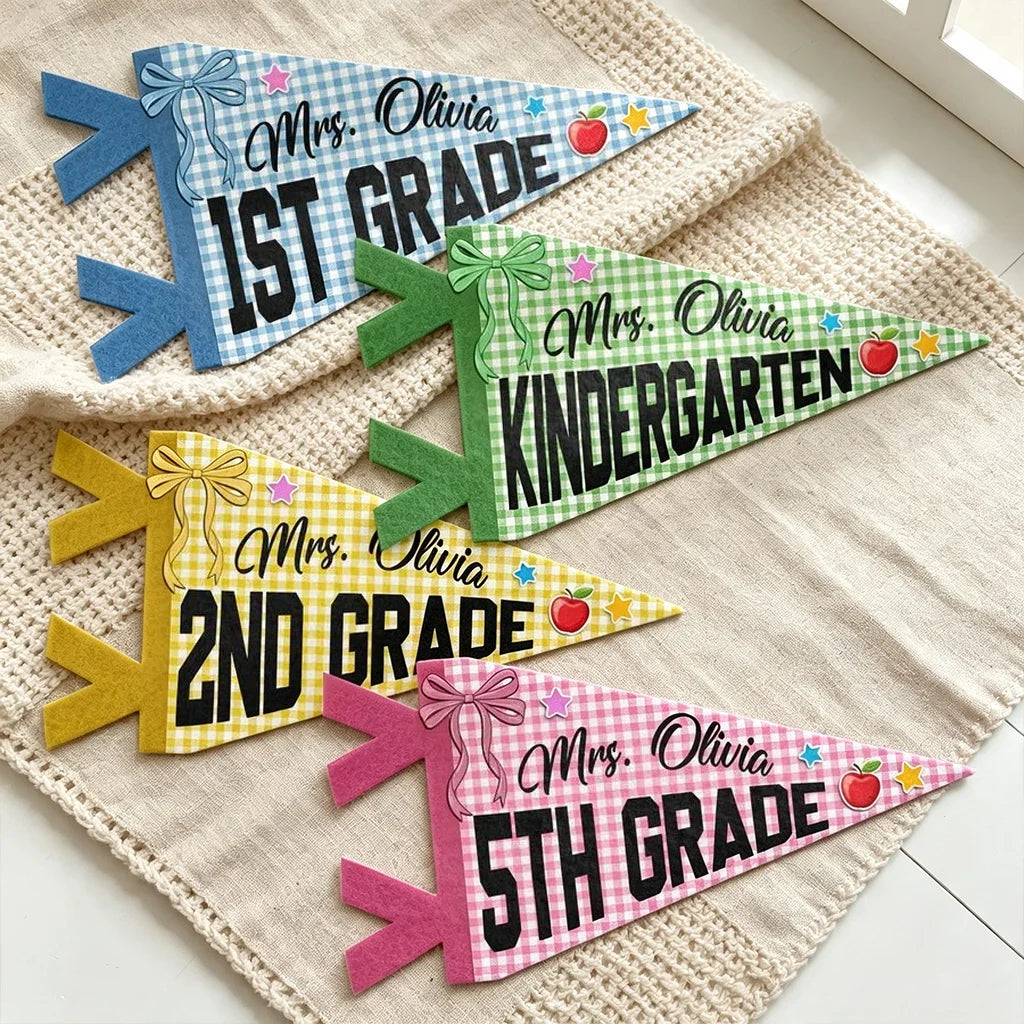 Personalized Felt Pennant for Teacher, Colorful Gingham Grade Classroom Decor, Unique Creative Gift