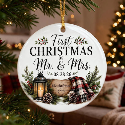 Personalized Ceramic Ornament, Rustic First Christmas as Mr & Mrs Keepsake, Unique Gift for Newlywed Couple