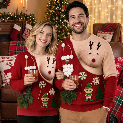 Personalized Printed Sweatshirt, Funny Reindeer Illusion for Smiling Couples at Christmas Parties, Unique Creative Gift