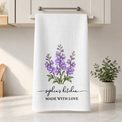 Personalized Purple Birth Flower Kitchen Towel, Made With Love Unique Gift For Her