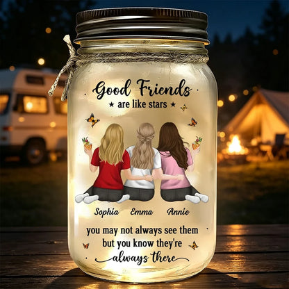 Good Friends Are Like Stars Personalized Glass Mason Jar Light, Golden Arm in Arm Illustration, Creative Gift for Best Friend