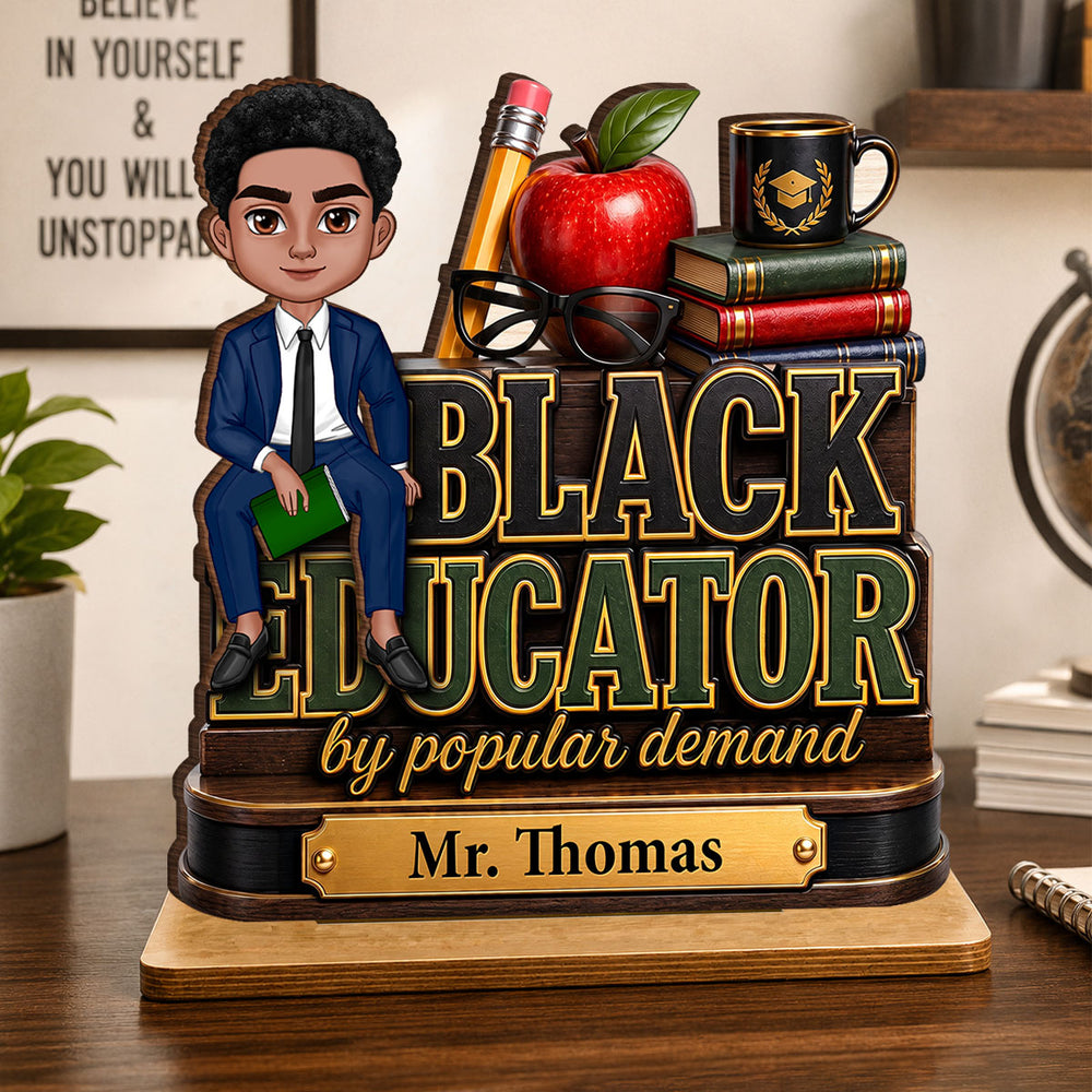 Personalized Black Educator 2-Layer Wooden Plaque with Seated Teacher Art, Creative Gift for Classroom Pride