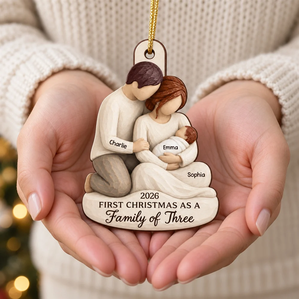Wooden Ornament, Personalized New Family Keepsake, Tender Parents Holding Baby, Creative Gift for New Parents