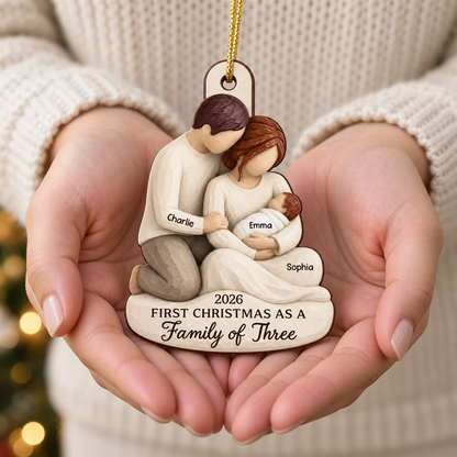 Wooden Ornament, Personalized New Family Keepsake, Tender Parents Holding Baby, Creative Gift for New Parents