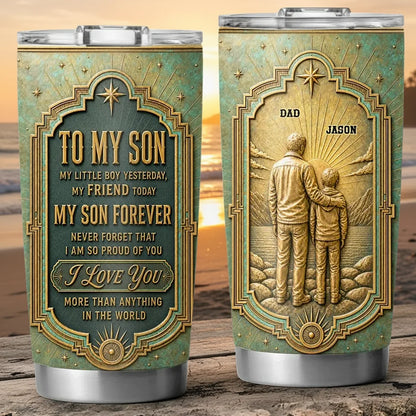 Personalized Insulated Travel Tumbler, Father and Son Arm in Arm Art, Creative Gift with a Proud Family Message