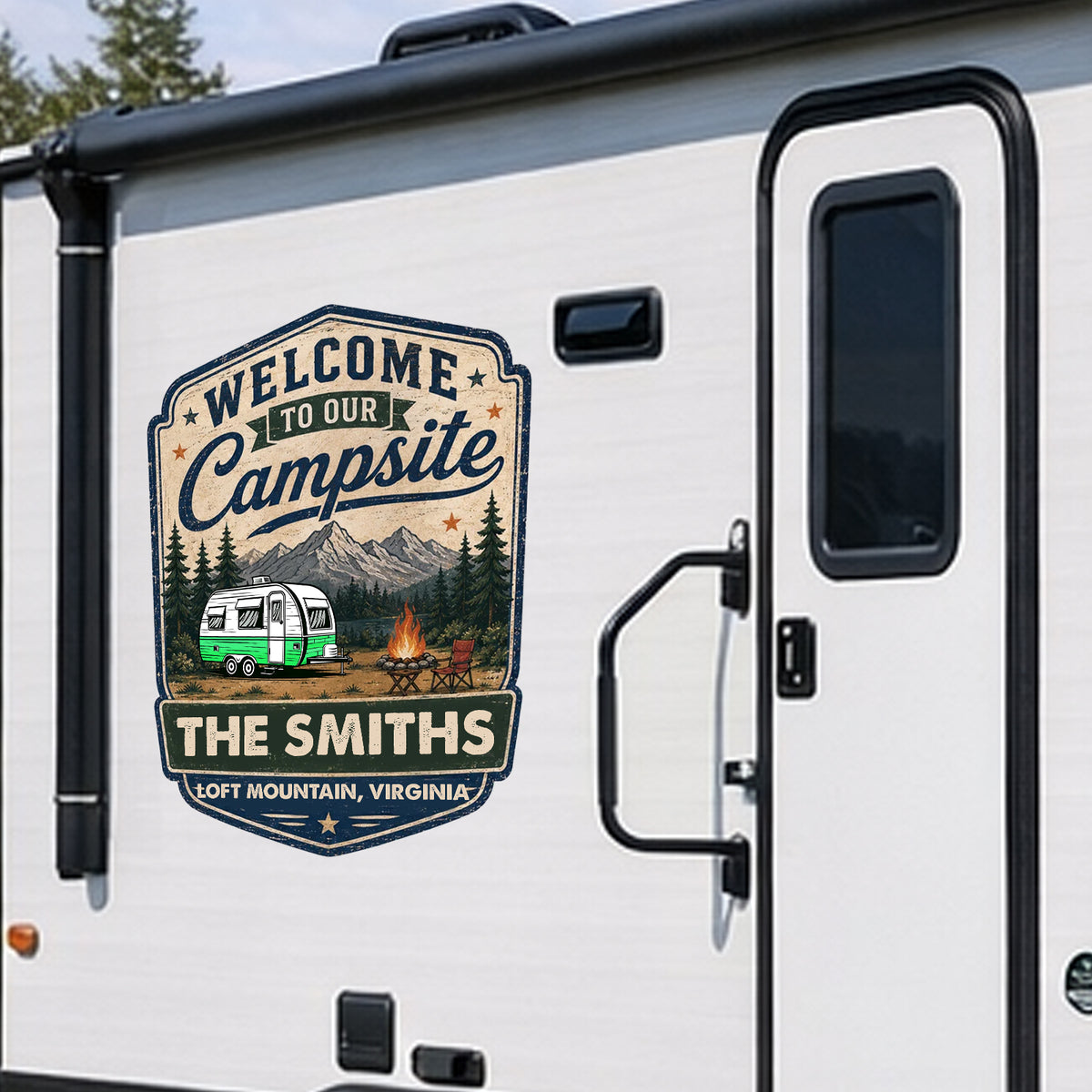 Personalized Campsite Sticker Decal, Vintage Camper & Mountain Scene, Unique Gift for Campers