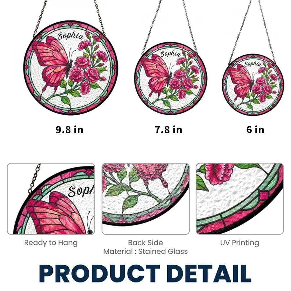 Personalized Glass Suncatcher Ornament, Butterfly & Birth Flower Window Decor, Unique Gift for Mom or Friend