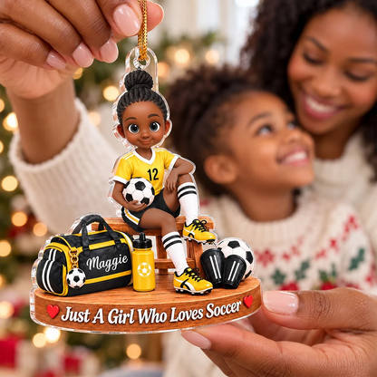Personalized Acrylic Ornament, Red Cartoon Soccer Girl Holding a Ball, Unique Christmas Gift for Young Player