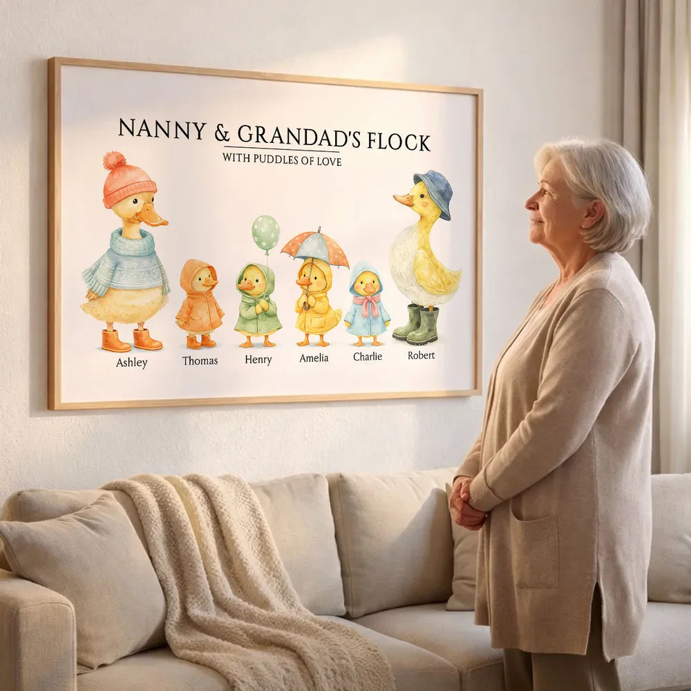 Personalized Grandparents Poster, Cute Watercolor Duck Family Wall Art, Unique Gift for Grandma & Grandpa, Warm Home Decor