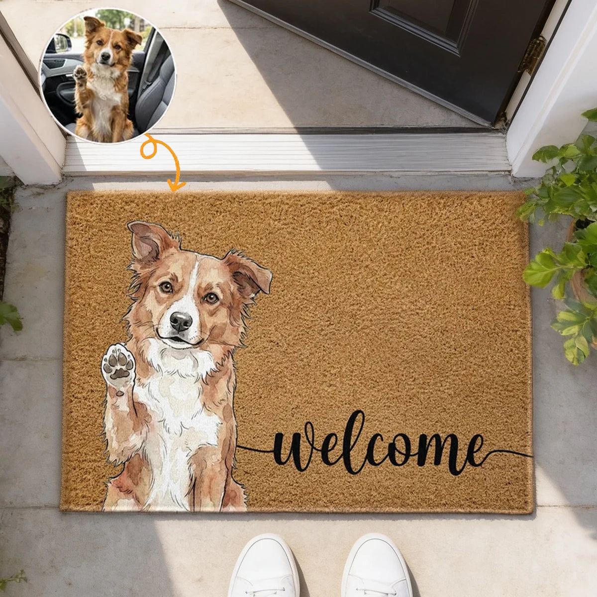 Welcome Standard Doormat with Personalized Waving Dog Art, Unique Gift for a Pet Owner's Entryway