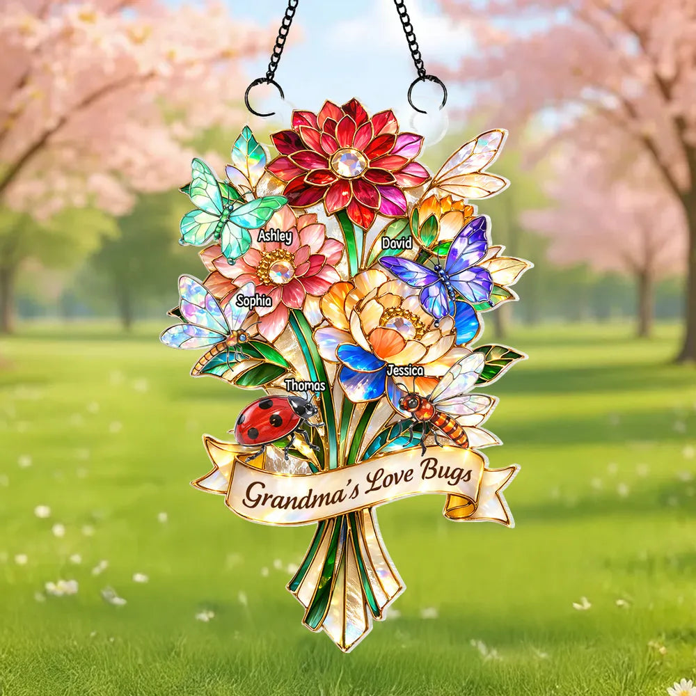 Personalized Acrylic Suncatcher Ornament Grandma's Love Bugs Bouquet for Window Decor, Unique Gift for Grandma