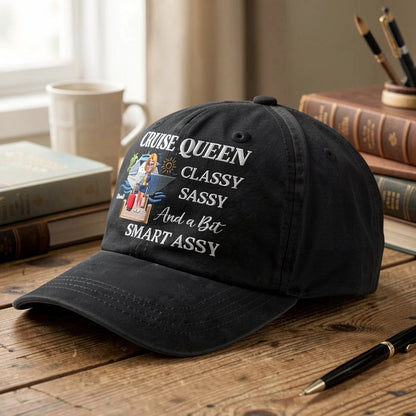 Personalized Washed Denim Baseball Cap, Cruise Queen Classy Sassy Graphic, Unique Funny Gift for Travel Lovers