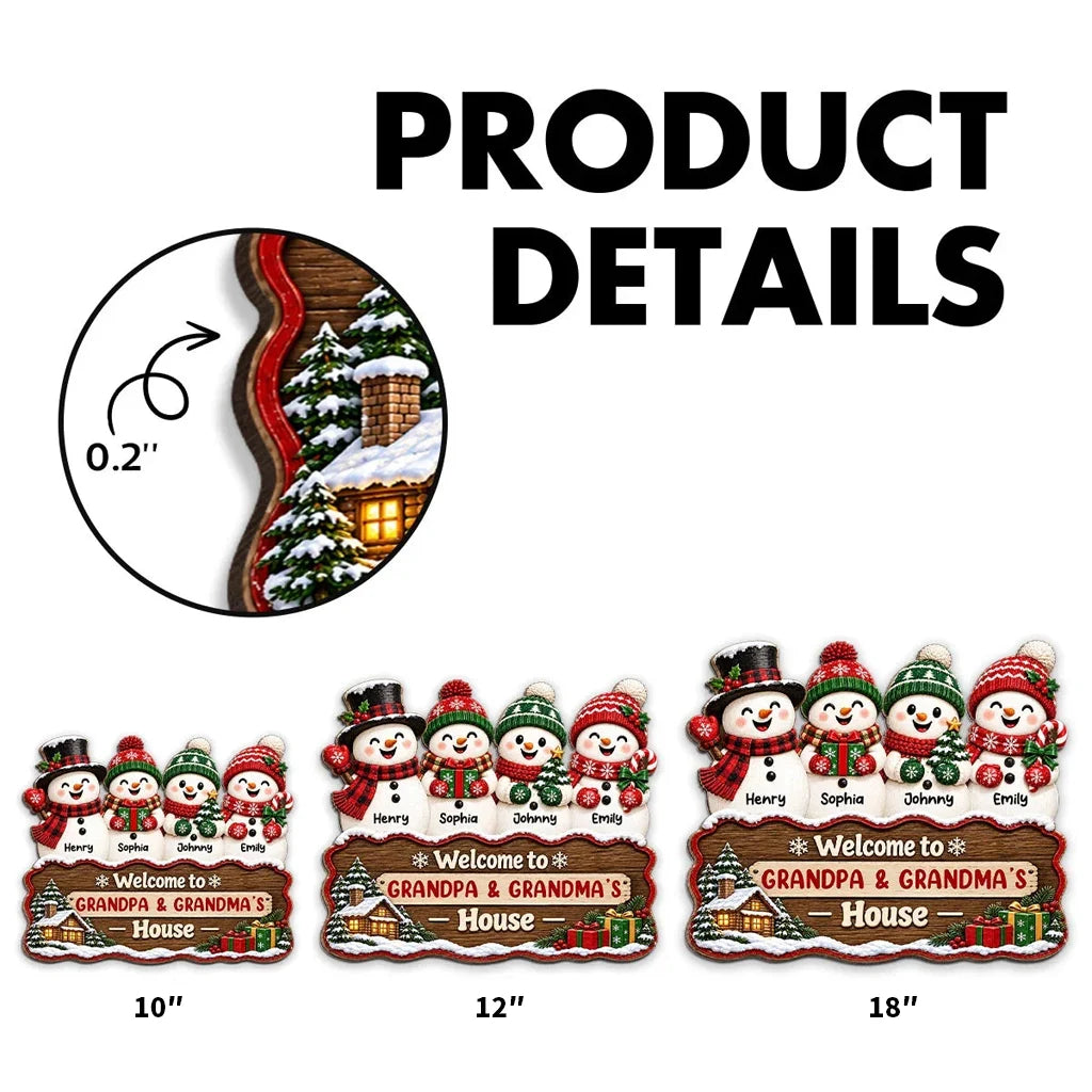 Personalized Snowman Family Wooden Sign, Snowy Cabin Door Decor, Unique Creative Gift for Grandparents