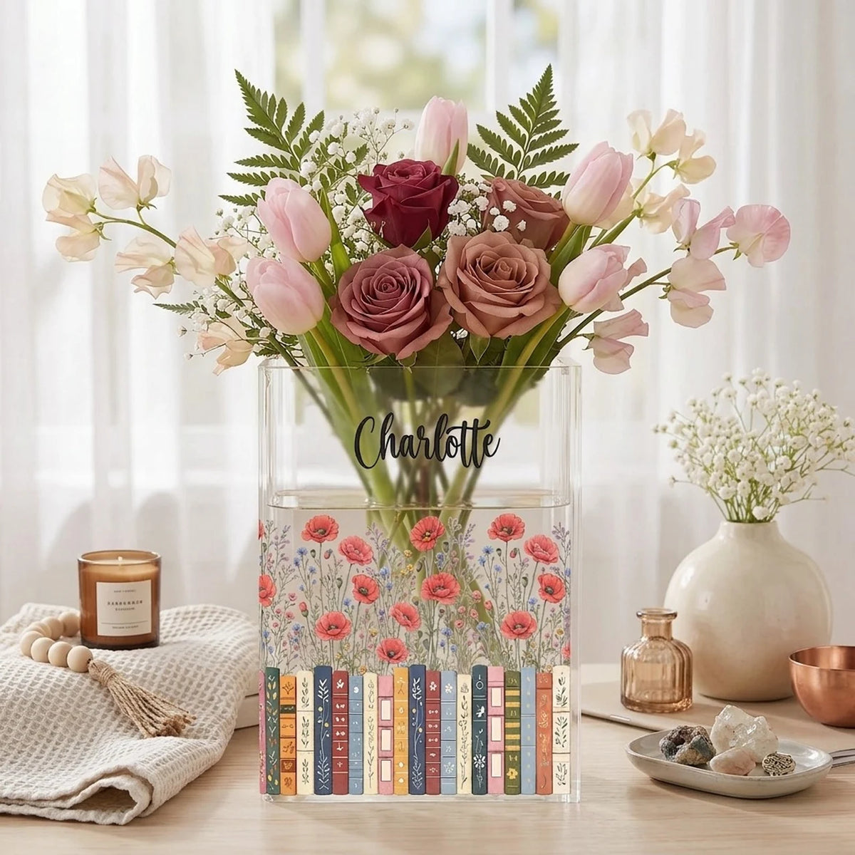 Personalized Acrylic Book Vase, Pastel Floral Bookshelf Decor, Unique Gift for Book Lovers