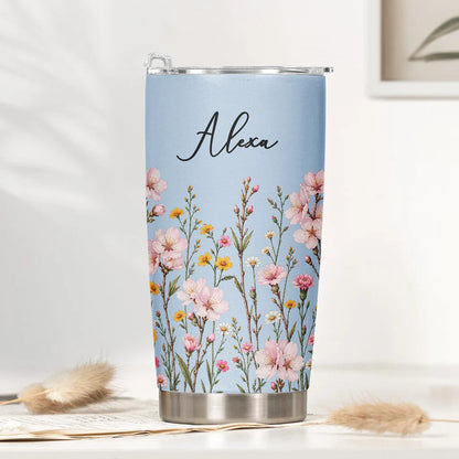 Personalized Insulated Travel Tumbler, Wildflower Keepsake, Creative Gift for Sister or Friend