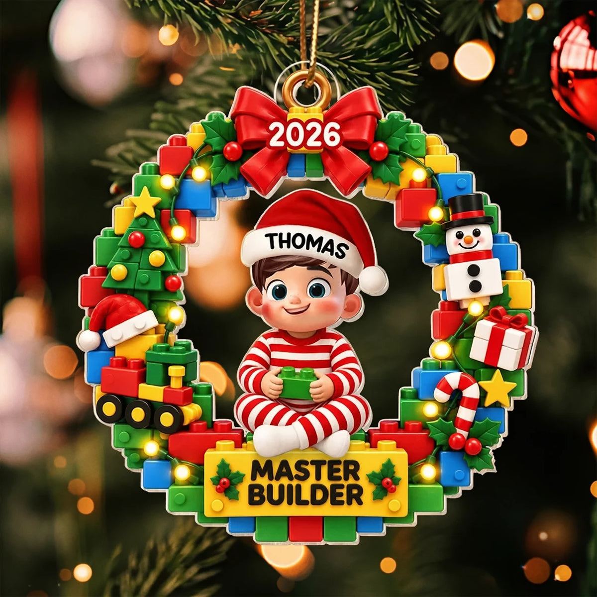 Personalized Acrylic Ornament, Cute Master Builder Child in Festive Wreath, Unique Gift for Kids