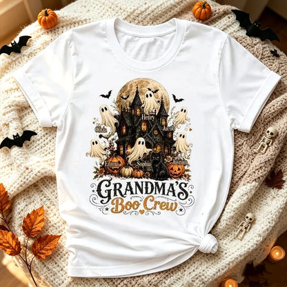 Personalized Classic Tee, Floating Ghosts at a Moonlit Haunted House, Unique Halloween Gift for Grandma