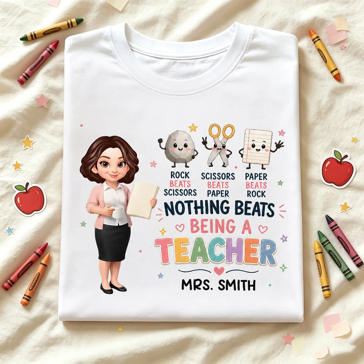 Personalized Classic Tee with Standing Teacher & Rock Paper Scissors Art, Unique Gift for Teachers