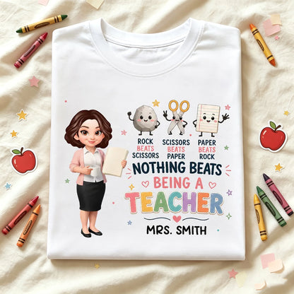 Personalized Classic Tee with Standing Teacher & Rock Paper Scissors Art, Unique Gift for Teachers