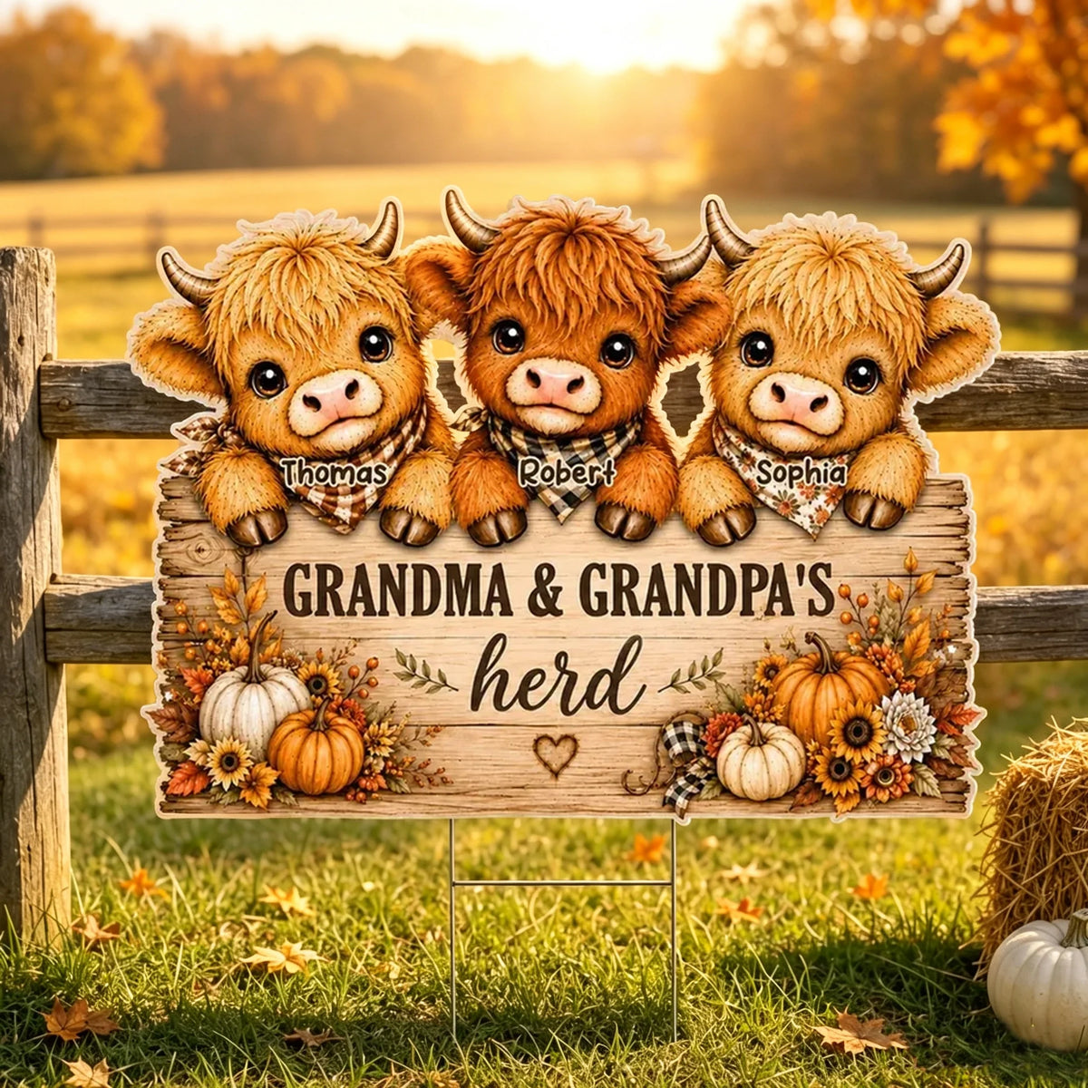 Personalized Grandma & Grandpa's Herd Shaped Yard Sign, Cows Peeking in Autumn, Creative Family Gift