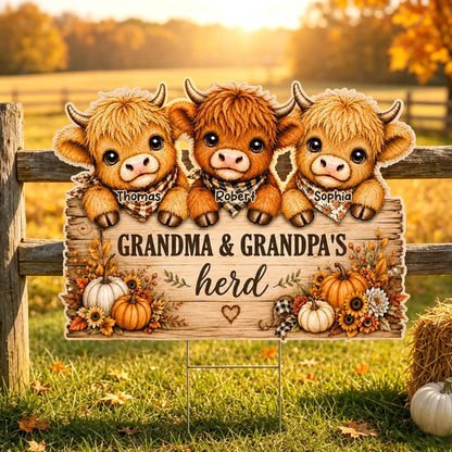 Personalized Grandma & Grandpa's Herd Shaped Yard Sign, Cows Peeking in Autumn, Creative Family Gift