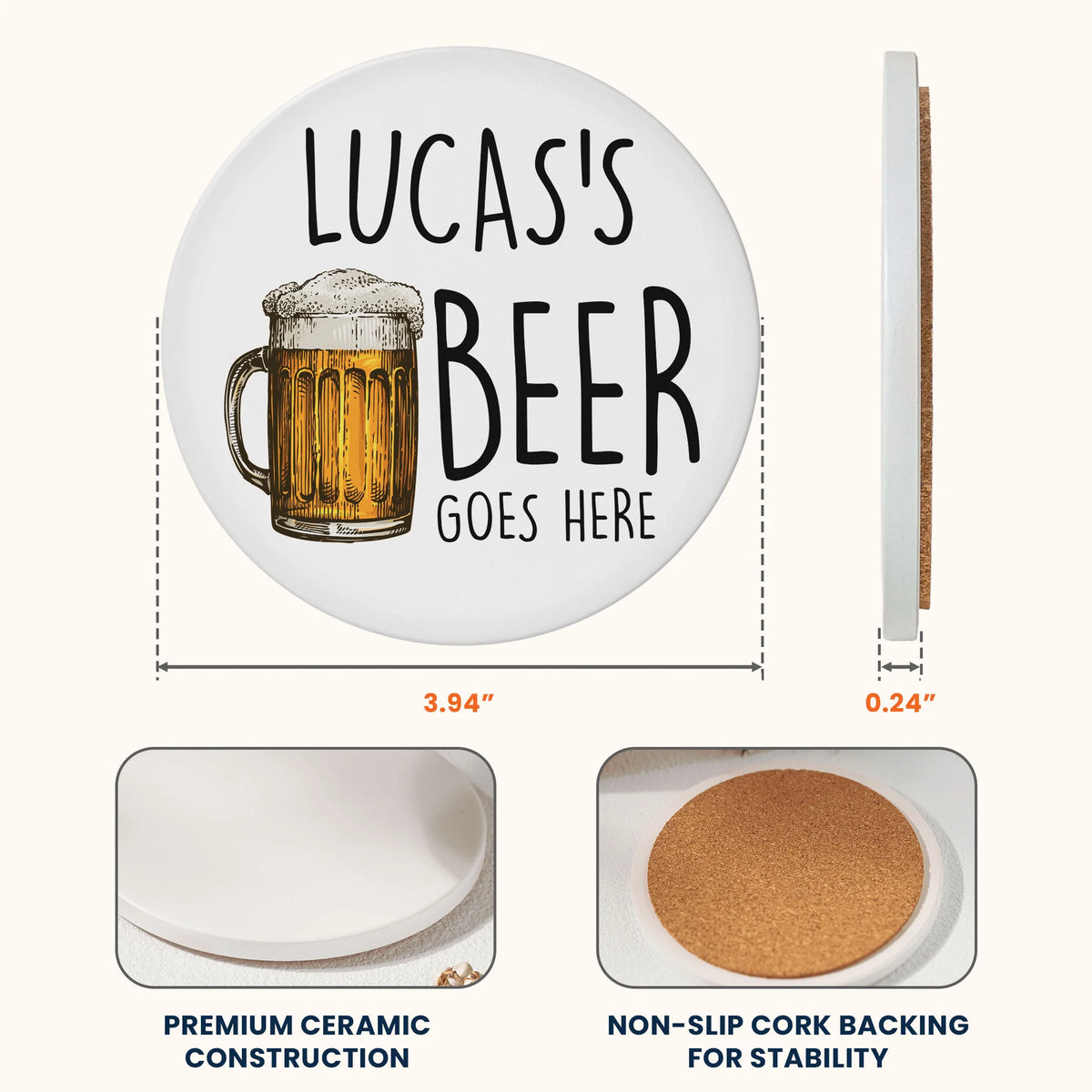 Personalized Round Ceramic Coaster with Custom Drink Text and Cocktail Illustration, Funny Bar Cart Decor, Unique Gift for Him or Her