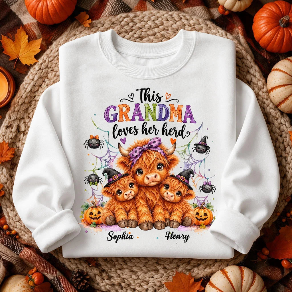 Personalized Grandma Loves Her Herd Sweatshirt, Cute Highland Cows and Spiders, Creative Halloween Gift