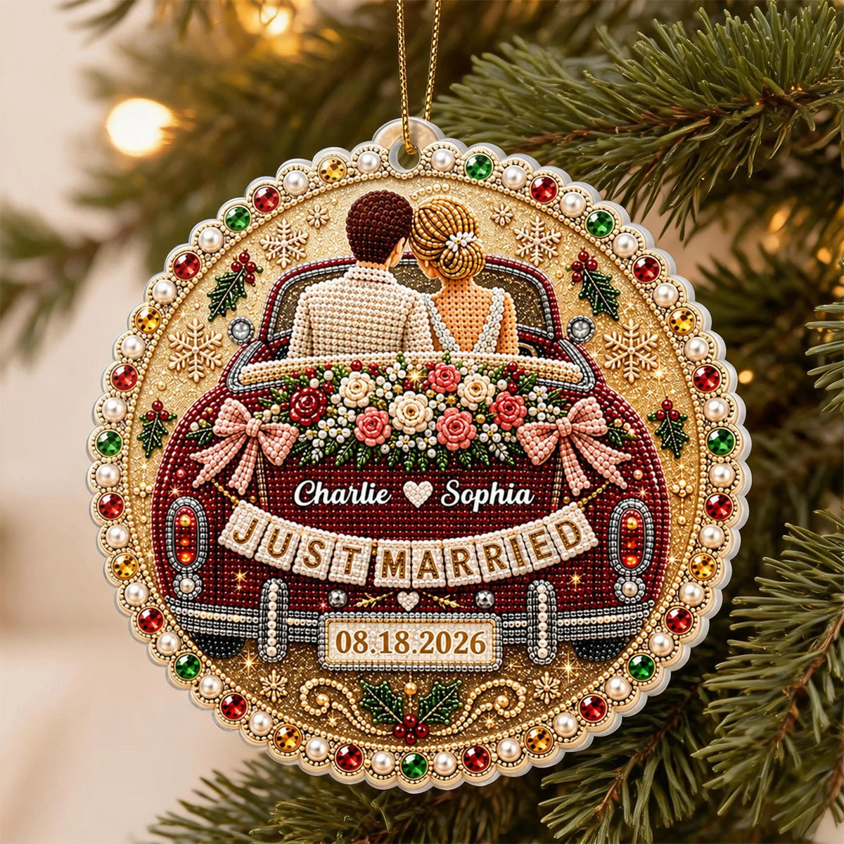 Acrylic Ornament with Bride and Groom in Red Wedding Car, Personalized Creative Christmas Gift for Couple